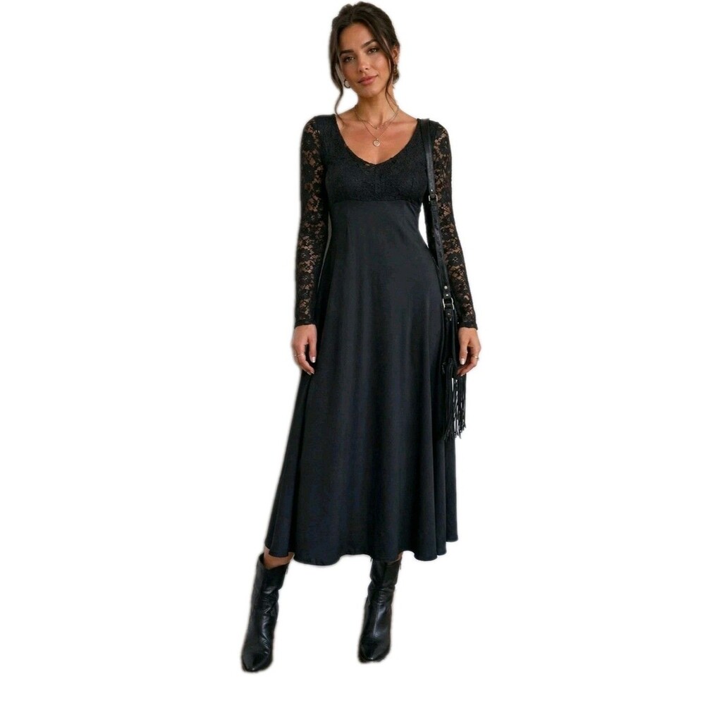 Vintage Esprit Black Lace Sleeve Maxi Dress Women's Size M Boho Gothic 90s